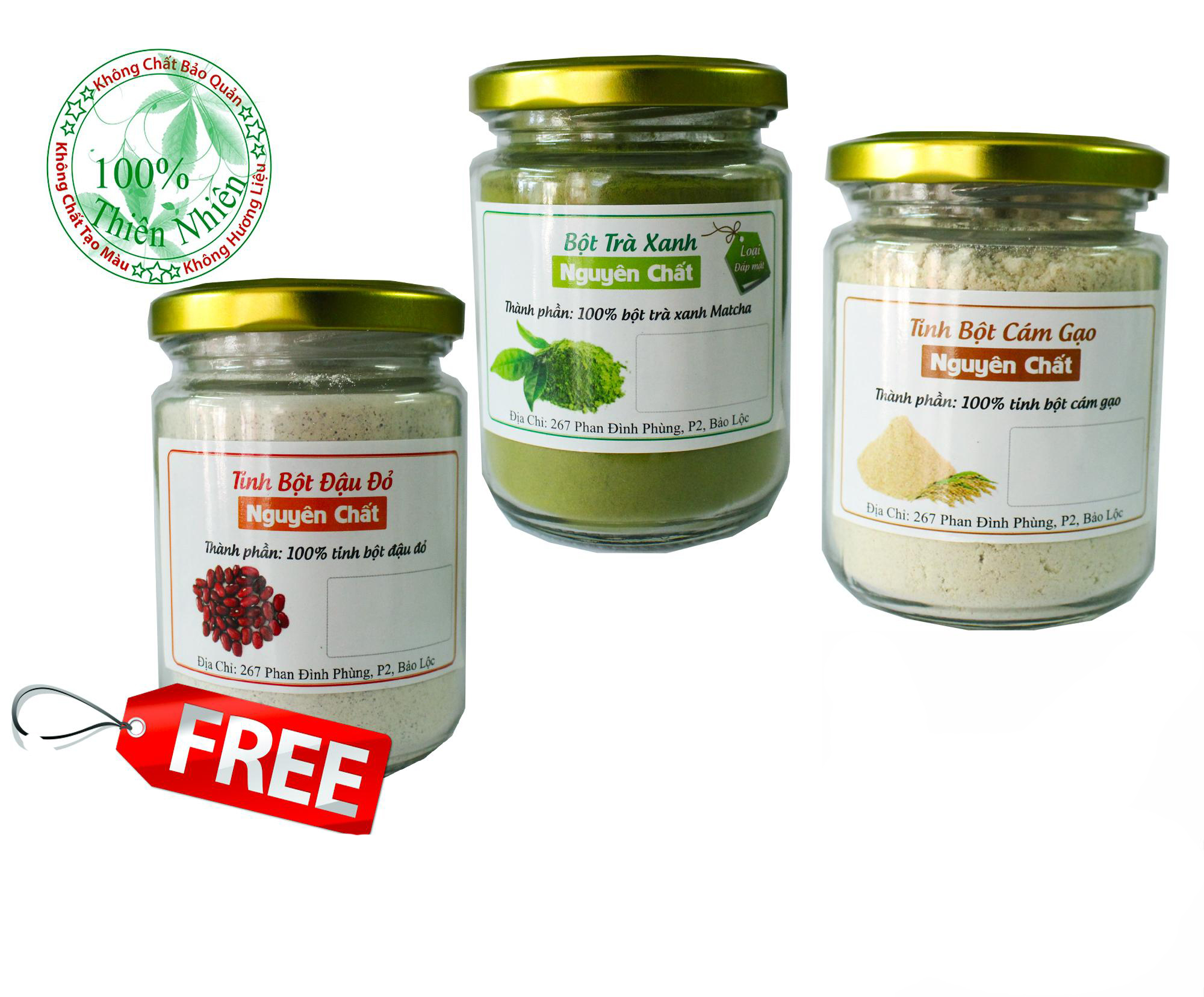 Combo Bột Trà Xanh+ Bột Đậu Đỏ + Bột Cám Gạo Nguyên Chất 100g + Tặng kèm 1 cây cọ đắp mặt