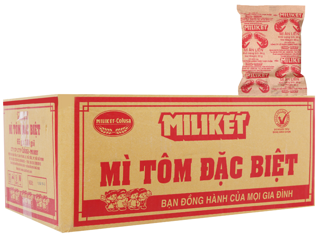 Thùng 100 gói mì Miliket đặc biệt giấy vàng vị tôm 65g