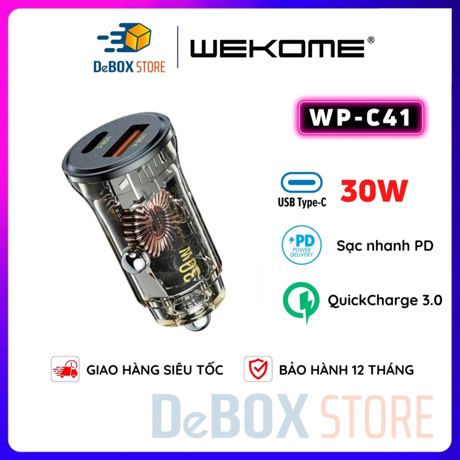 Tẩu sạc nhanh ô tô 30w pd/qc 3.0 trong suốt wekome wp-c41 usb a, usb c bảo hành 12 tháng
