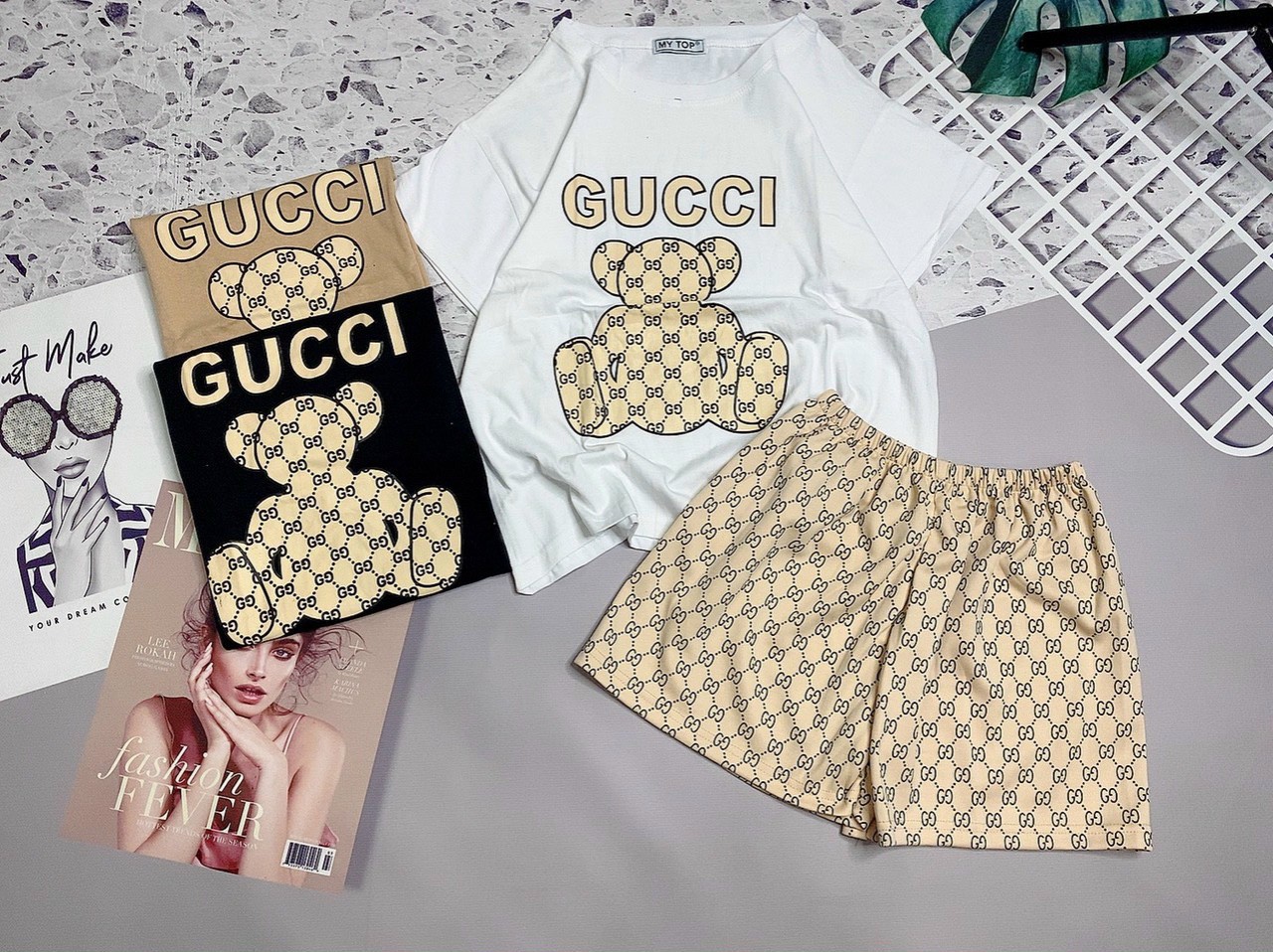 Set bộ thun ngắn in logo gấu xinh xắn