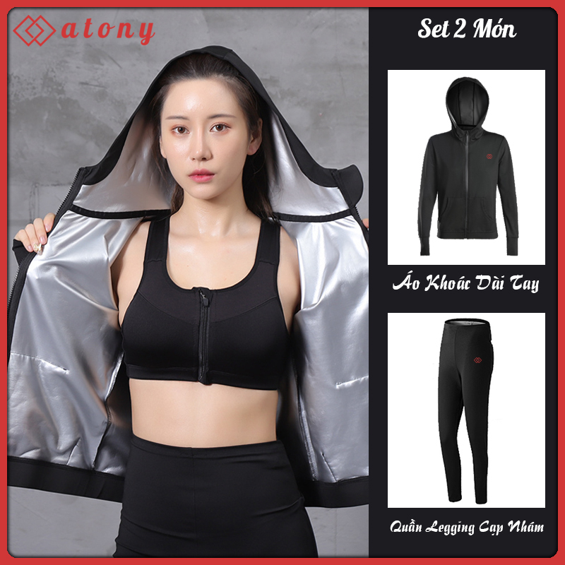 Bộ quần áo sinh nhiệt giảm mỡ bụng atony, bộ quần áo đổ mồ hôi giảm mỡ bụng - set 2 áo khoác có mũ + quần giảm mỡ