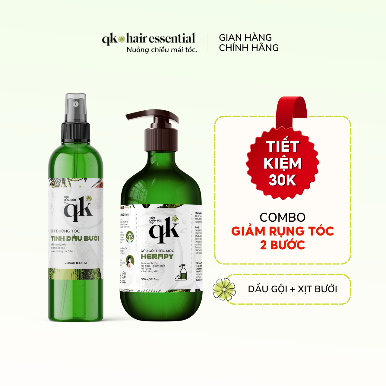 [COMBO TIẾT KIỆM] Tinh dầu bưởi handmade QK và Dầu gội thảo mộc Herapy