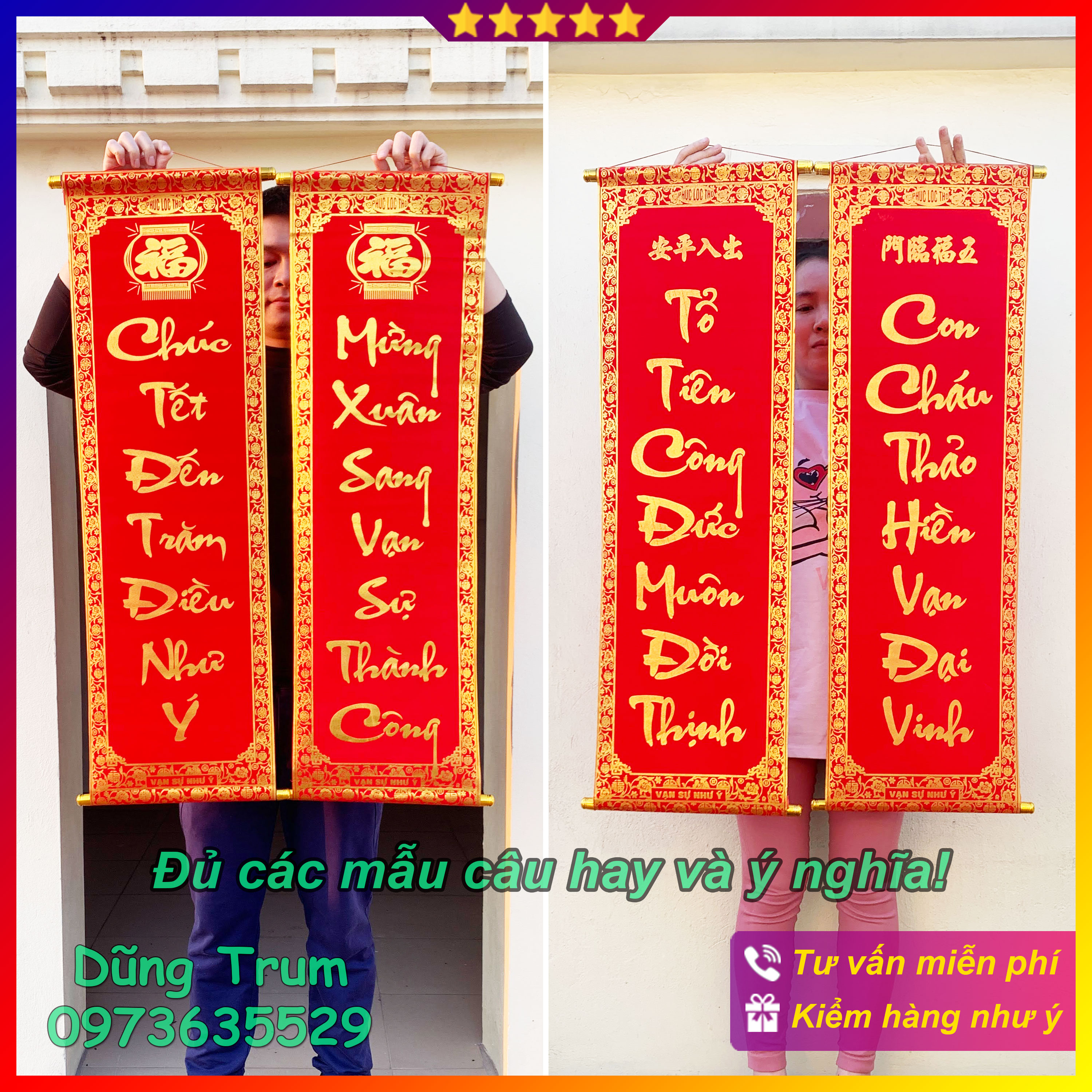 1 đôi câu đối đỏ, cặp liễn trang trí Tết làm từ vải nhung kích thước chuẩn số đẹp thần tài 79cm, 97cm đầy đủ các mẫu câu