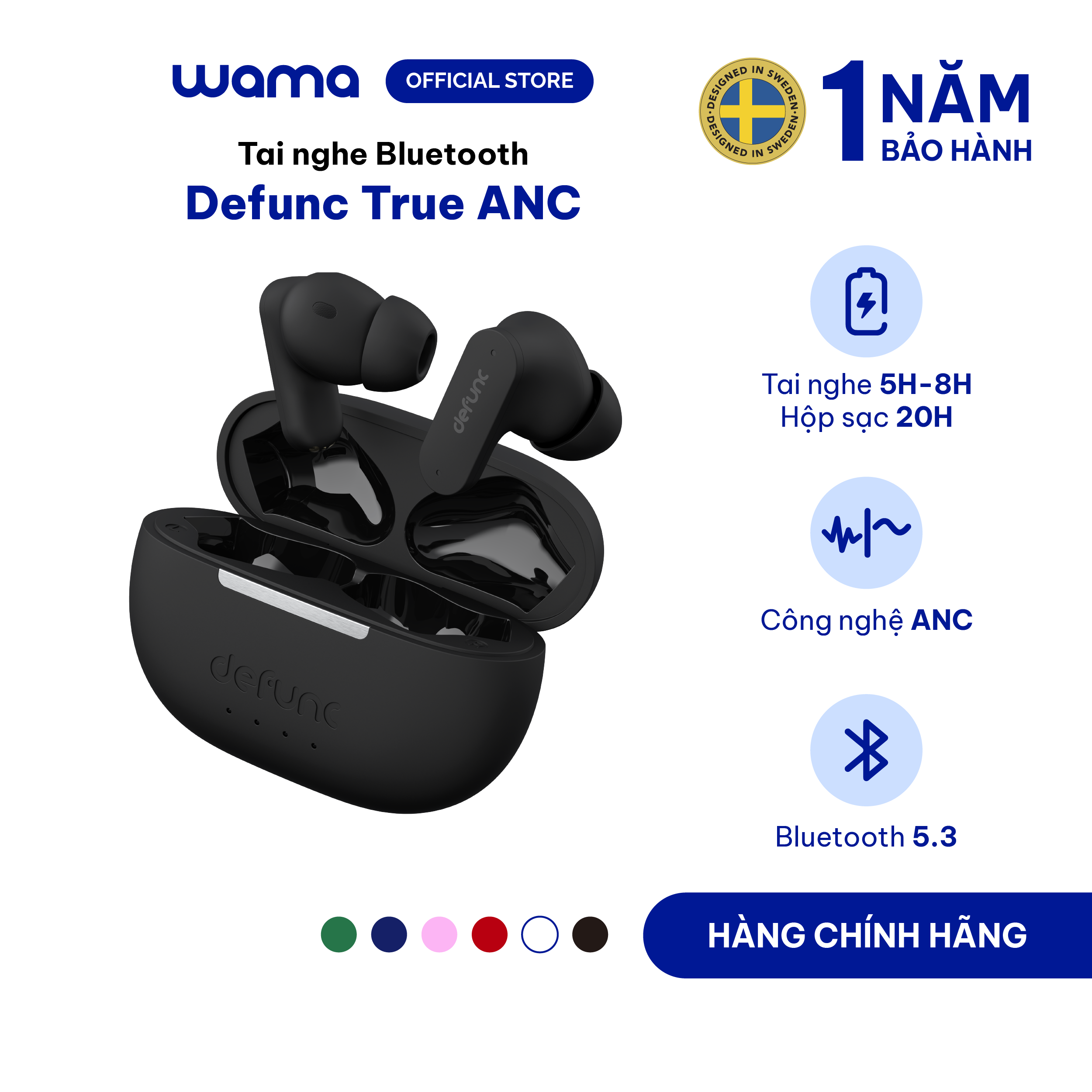 Tai nghe True Wireless Bluetooth Defunc True ANC, thời gian nghe 30h , chống ồn chủ động, sạc nhanh 1,5h
