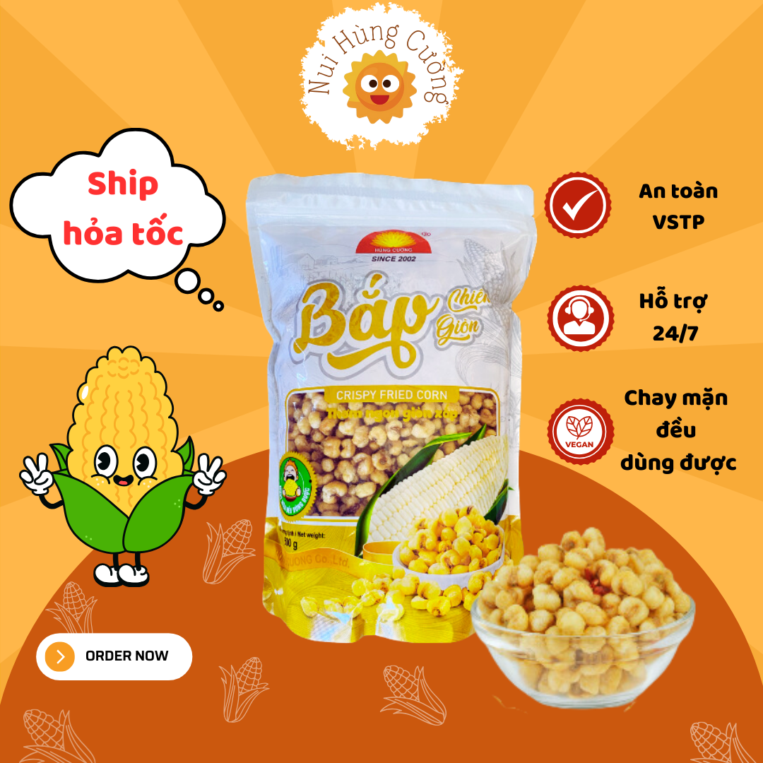 Bắp chiên hùng cường 500g | ngô cay | ăn chay được | đồ ăn vặt | ngô nếp sấy giòn | bắp chiên hùng cường | ngô sấy |giòn cay - đậm vị