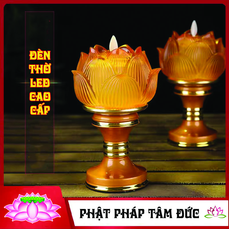 Đèn thờ, đèn ban thờ đế hợp kim hoa sen thủy tinh LED 2 mảnh cao cấp