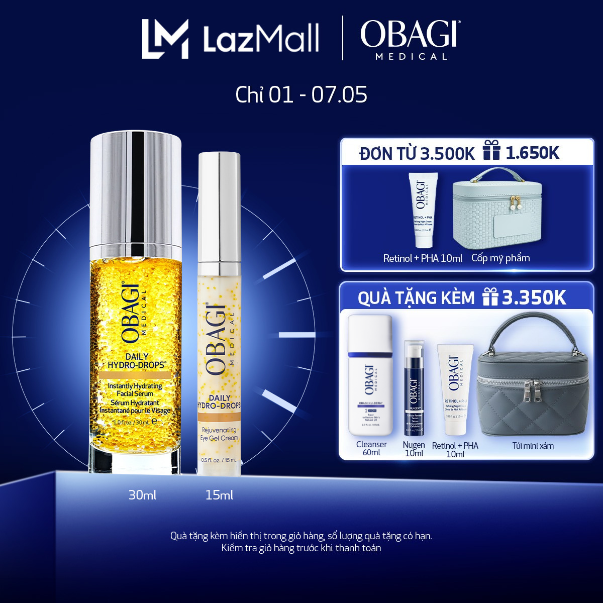 Bộ đôi Serum Cấp Nước Dưỡng Ẩm  Phục Hồi Da Obagi Daily Hydro-Drops 30ml và Kem dưỡng mờ nếp nhăn vùng mắt Obagi Medical Daily Hydro-Drops Rejuvenating Eye Gel Cream 15ml
