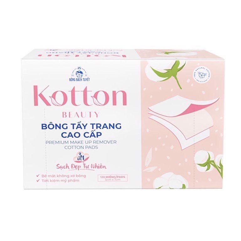 Bông tẩy trang 120 miếng Kotton Beauty 3 in 1 (Bông Bạch Tuyết Việt Nam) 3 lớp đa công dụng vệ sinh mặt, lau toner và đắp mặt nạ dưỡng da có thể tách từng lớp để tiết kiệm dung dịch - ILODA
