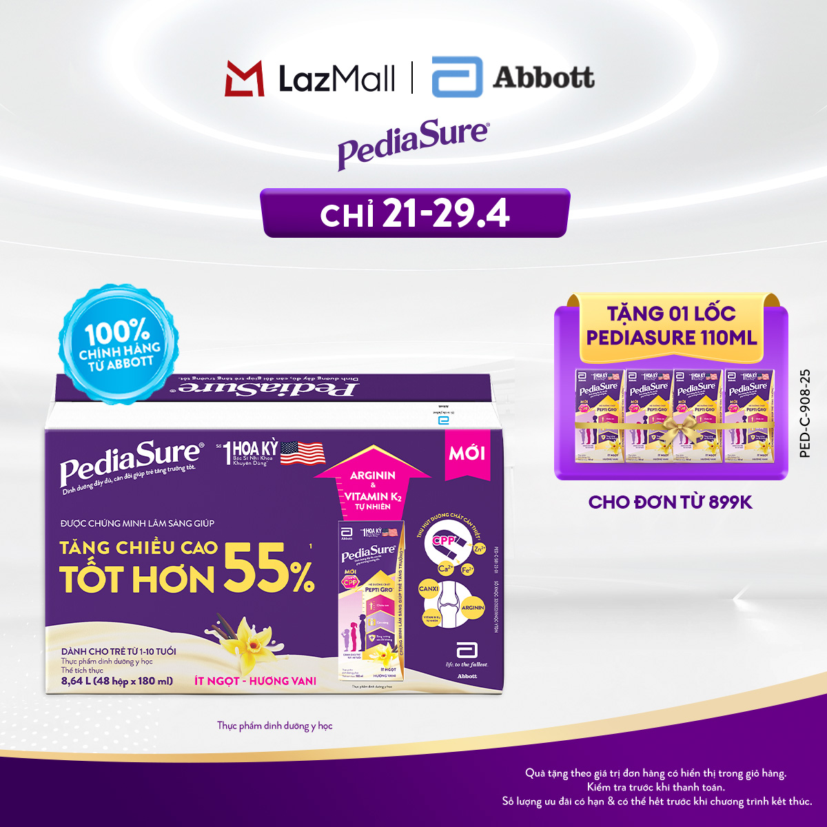 [CHỈ 21-29.04 QUÀ TẶNG CHO ĐH 899K-SLCH] 1 thùng 48 hộp PediaSure 1-10 tuổi dạng pha sẵn hương Vani 180ml [Bao bì thay đổi theo từng đợt nhập hàng]
