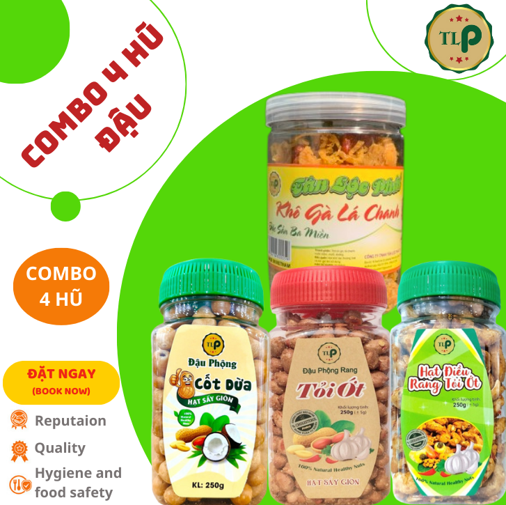 Hạt điều tỏi 250g - đậu phộng tỏi ớt 250g - đậu da cá 250g - khô gà lá chanh 150g tân lộc phát combo 4 hũ