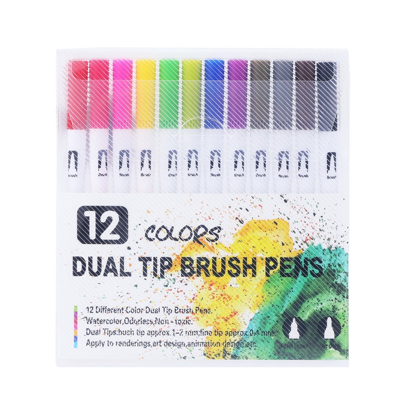 Hộp bút brush 12 màu 2 đầu viết calligraphy , bút dạ màu marker B5