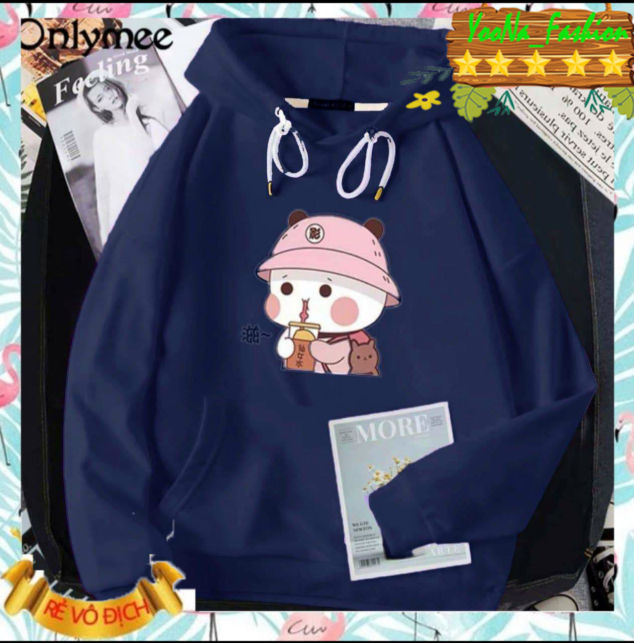 Áo Hoodie Form Rộng, in Hình Gấu Trúc Đội Nón Uống Trà Sữa Xinh Xinh, Phối Màu Độc Đáo.XTTT