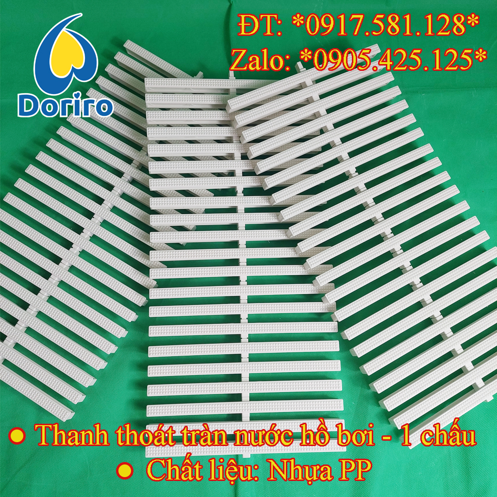 10 mét Thanh thoát nước tràn hồ bơi – chiều rộng 25cm và 30 cm; chiều dày 2,3cm; loại 1 chấu, nhựa PP / 10 mét Nan thu nước tràn hồ bơi.