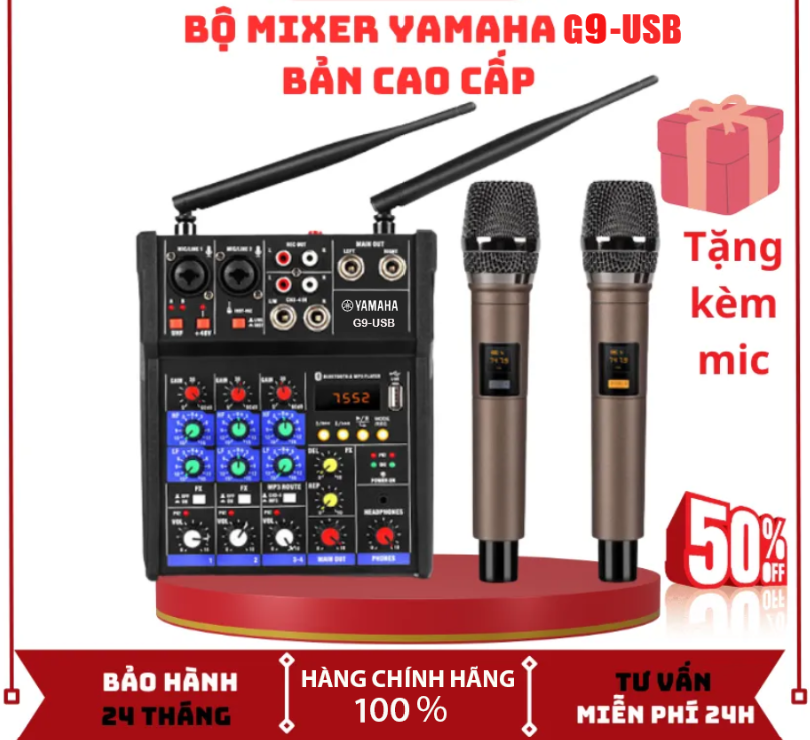 ( PHIÊN BẢN MỚI 2023 ) Combo Trọn Bộ Mixer Yamaha G9-USB Bluetooth Cao Cấp - Tặng Kèm 2 Micro Không Dây . Mixer Live Stream, Thu Âm Hỗ Trợ Màn Hình LED Có Bluetooth Dành Cho Loa Kéo - Amly Dàn Hát Karaoke Gia Đình Âm Thanh Cực Hay.