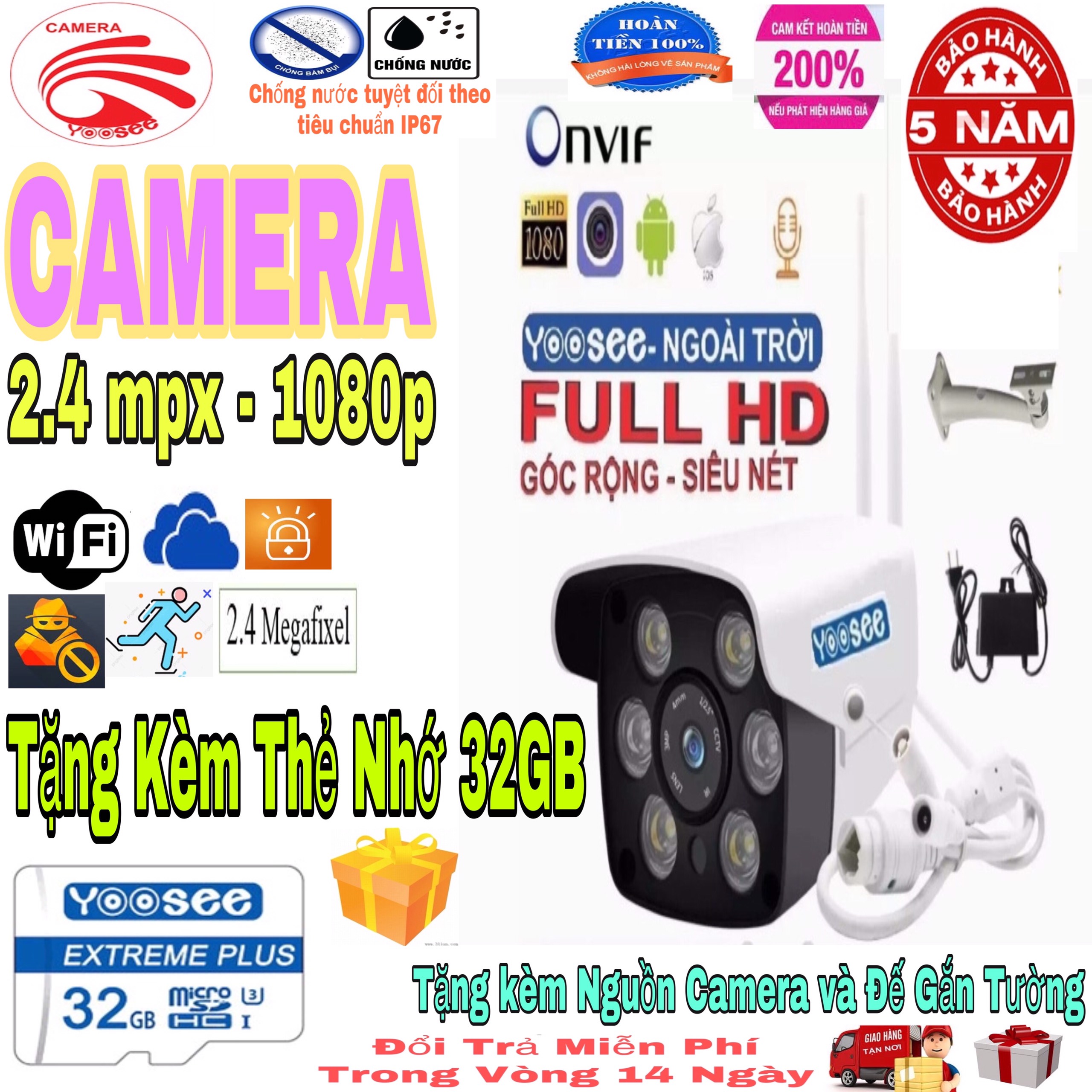 [HCM](Tặng Thẻ nhớ Chuẩn 32 GB nguồn chân đế lắp đặt. Bảo Hành 5 năm) Camera Wifi Yoosee KHÔNG DÂY trong nhà ngoài trời  2.4Mpx- FULL HD 1920 x 1080p - hỗ trợ 2 đèn hồng ngoại và 4 đèn LED xem đêm có Màu Cực Nét ghi âm lưu trữ video.