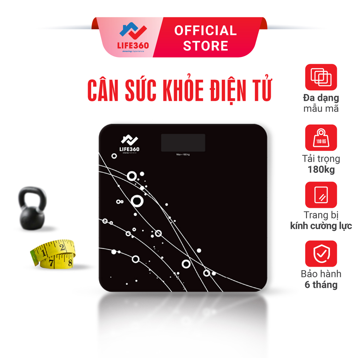 Cân điện tử sức khỏe Life360 AR-S18D, Cân sức khỏe điện tử thông minh, Mặt kính cường lực, Tải trọng lên đến 180kg, Bảo hành 6 tháng - Hàng Chính Hãng