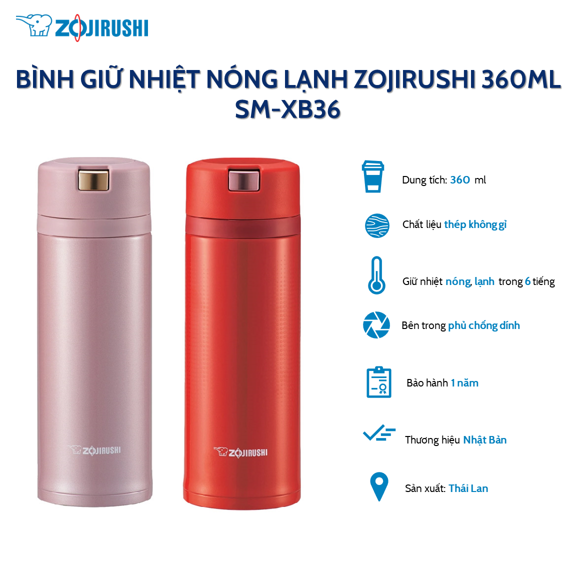 Bình giữ nhiệt nóng lạnh Zojirushi SM-XB36 360ml, bảo hành giữ nhiệt 1 năm chính hãng