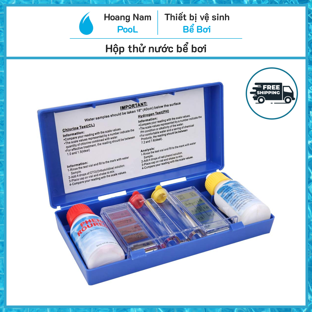 Hộp thử nước bể bơi, bộ dụng cụ test nước hồ bơi độ pH và Clo