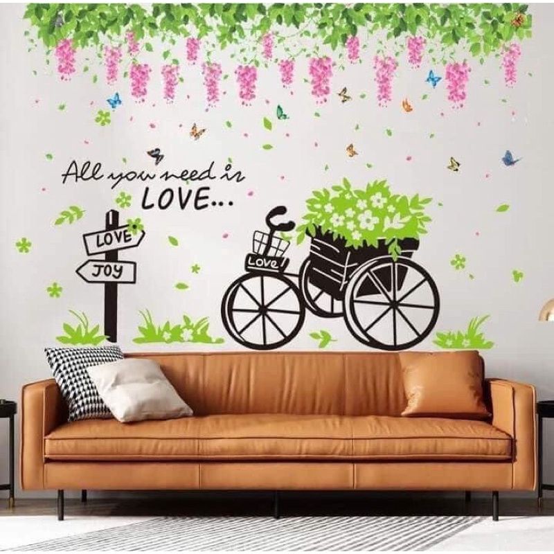 Decal dán tường tán hoa tigon và xe đạp xanh
