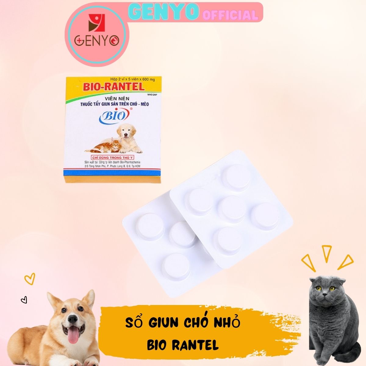 Sổ giun cho chó mèo dạng viên - Tẩy giun chó mèo Bio Rantel hộp 10 viên