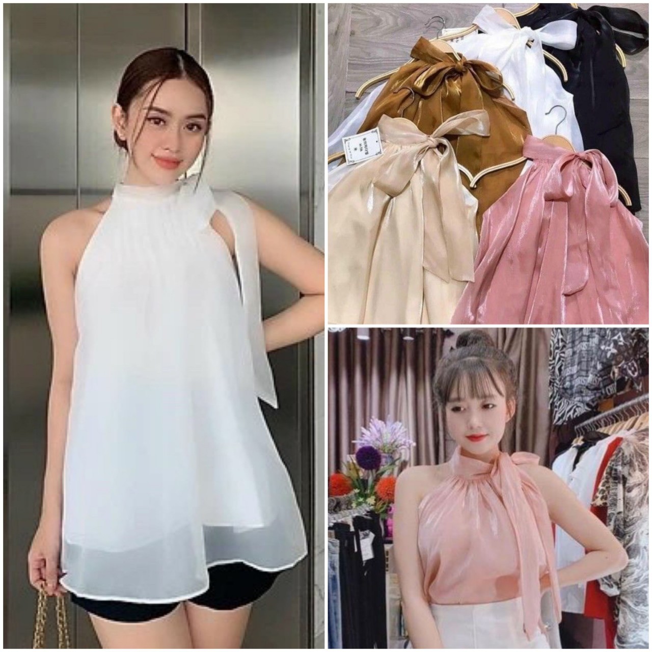 Áo tơ cổ yếm cột nơ, áo kiểu nữ hở vai sang chảnh nhiều màu
