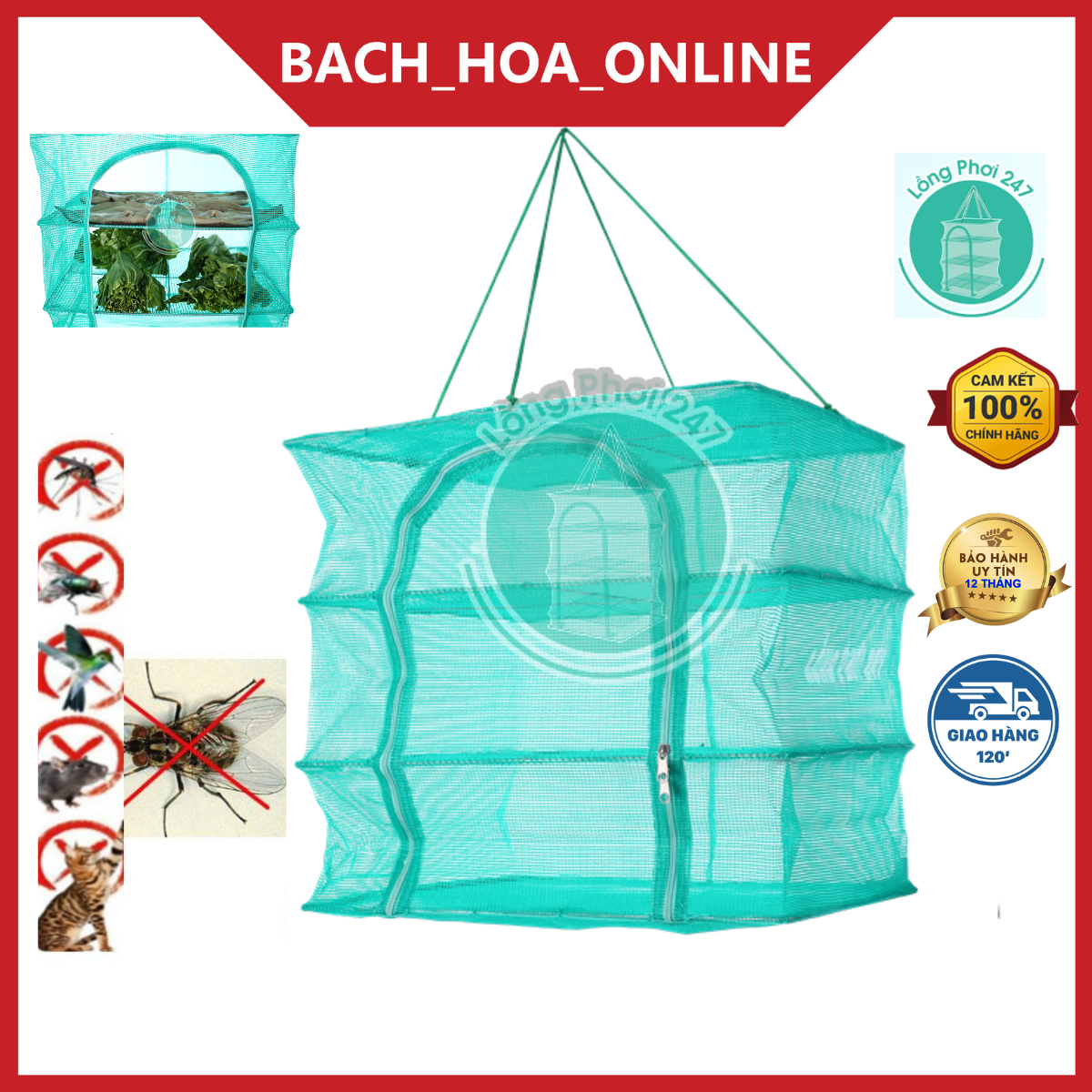 45x45x45cm Lồng lưới treo 3 tầng để phơi cá khô có thể xếp gọn - hàng Việt Nam chất lượng cao