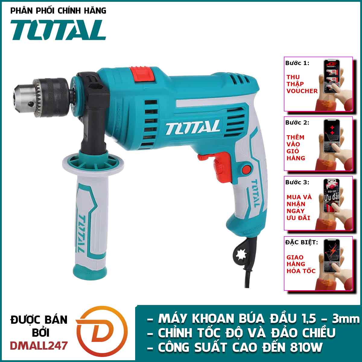 Máy khoan búa 13mm kèm 1 bộ than 810w total tg1081316e - chỉnh được tốc độ, đảo chiều, có chức năng búa - dmall247