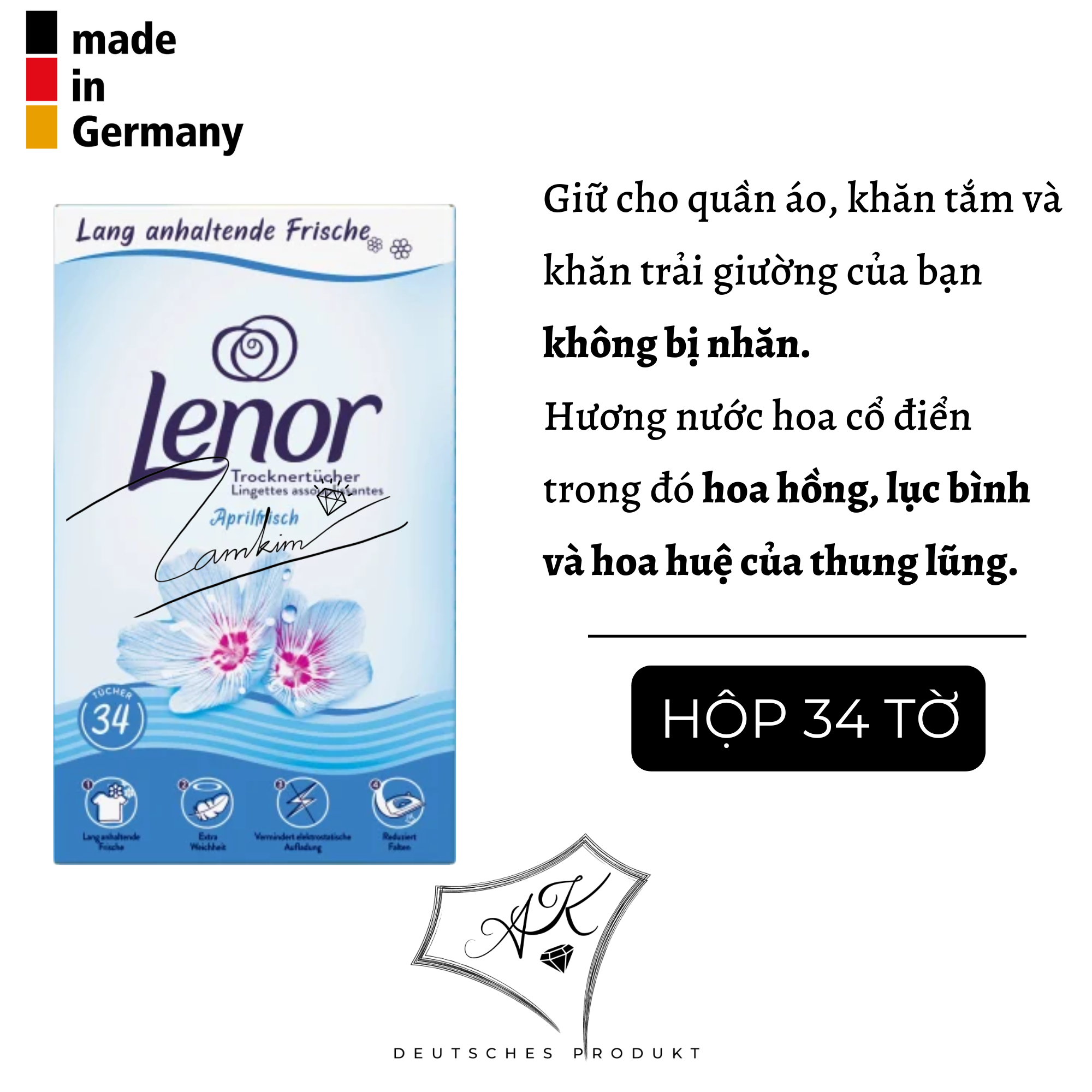 Giấy thơm quần áo Lenor - nội địa Đức - hộp 34 miếng