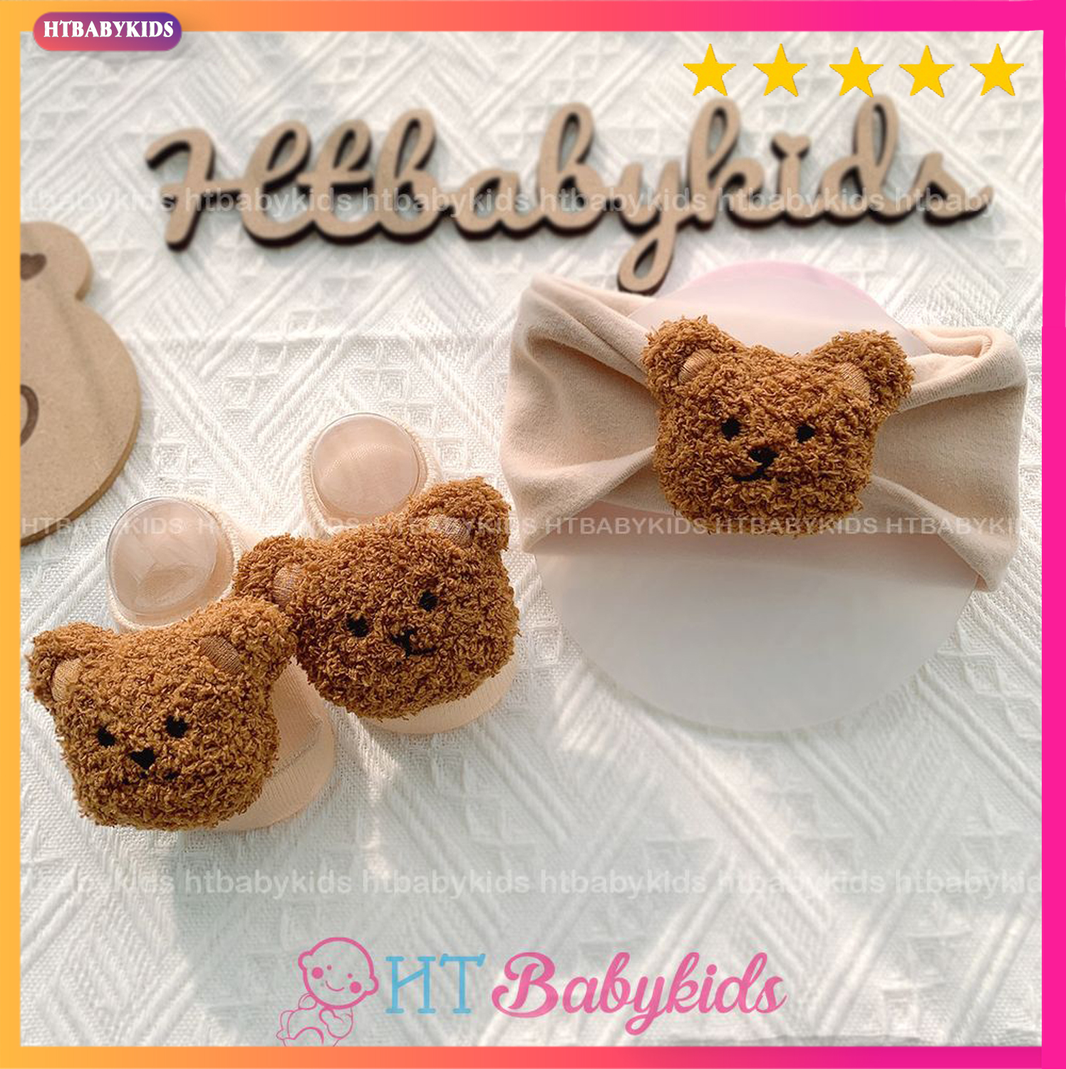 Set vớ gấu ngắn + băng đô màu be / nâu cho bé gái bé trai đầy tháng thôi nôi