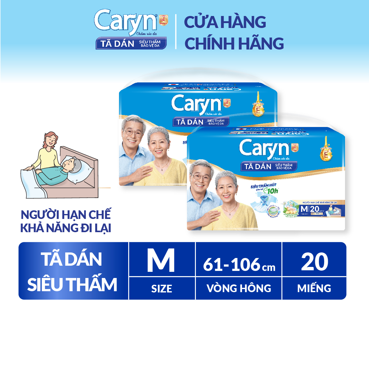 Combo 2 Tã Dán Người Lớn Caryn Siêu Thấm Gói Đại Dành Cho Người Hạn Chế Khả Năng Đi Lại Size M20 [Bao bì thay đổi theo từng đợt nhập hàng]