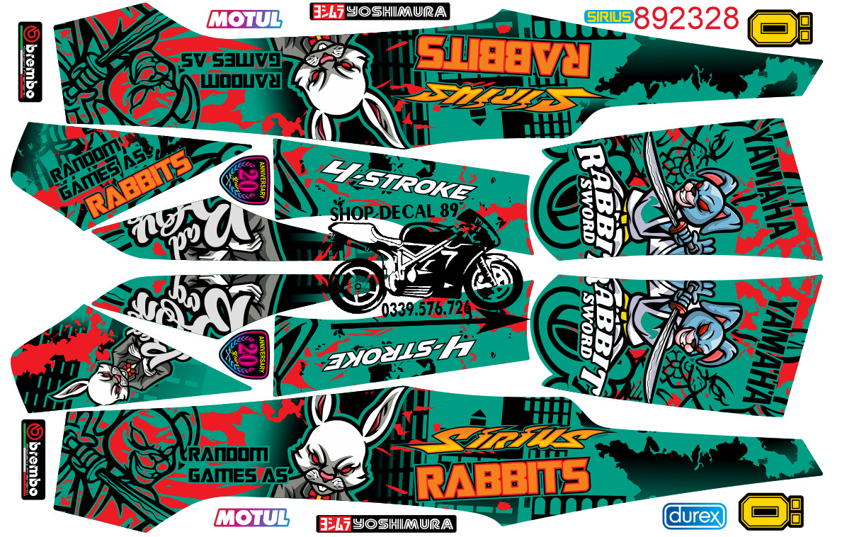 Tem chế Sirius Thỏ Rabbit XANH LỤC ĐỎ MS 892328 - Tem rời 3 lớp cao cấp - Dán xe sirius xăng cơ