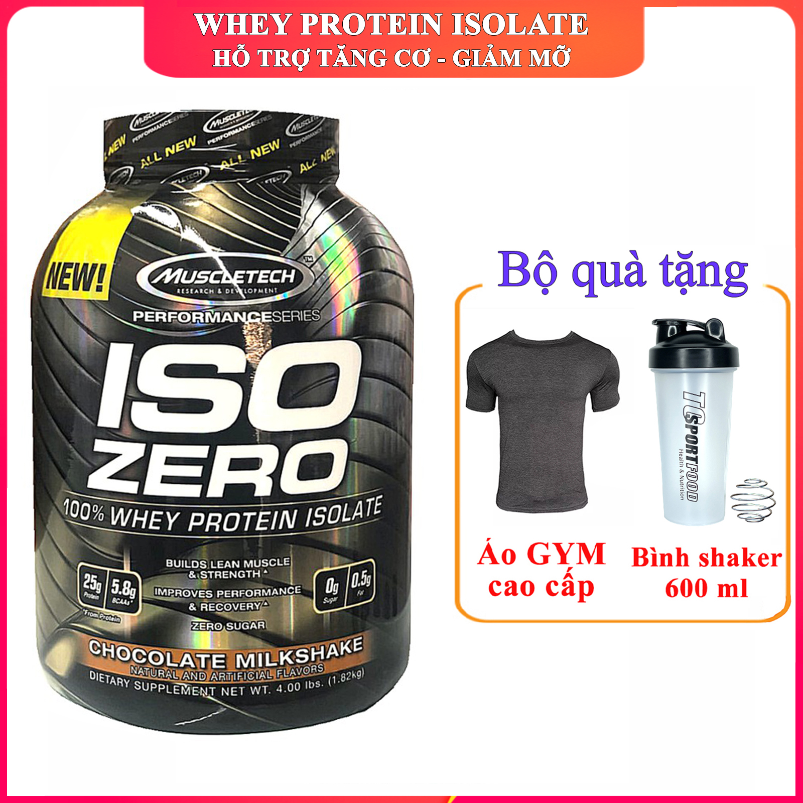 [TẶNG ÁO GYM VÀ BÌNH LẮC] Sữa tăng cơ cao cấp ISO ZERO 100% Whey Protein Isolate của Muscle Tech hương Chocolate 59 lần dùng hỗ trợ tăng cơ giảm cân đốt mỡ cho người tập gym và chơi thể thao