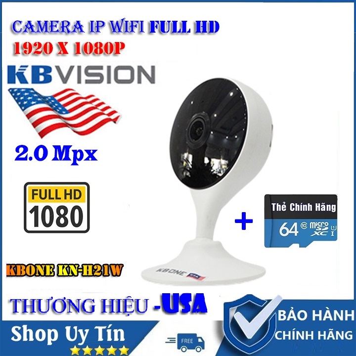 (KÈM THẺ 64 GB ,BẢO HÀNH 5 NĂM)Camera IP WIFI KBONE KN-21W,2.0 Mpx 1920 x 1080P Camera Không dây,ghi âm , ghi hình, cảnh báo chuyển động,camera trong nhà,camera ngoài trời,thương hiệu Mỹ