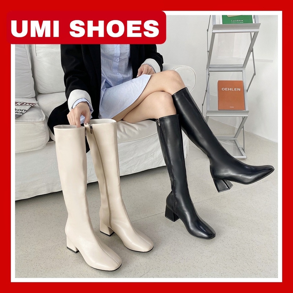 HOTGiày Bốt Cao Cổ Da Mềm Cao gót đến đùi Chất Đẹp Kiểu Dáng xinh đẹp màu đen kem kéo khóa sau trơn mũi vuông đơn giản 2022