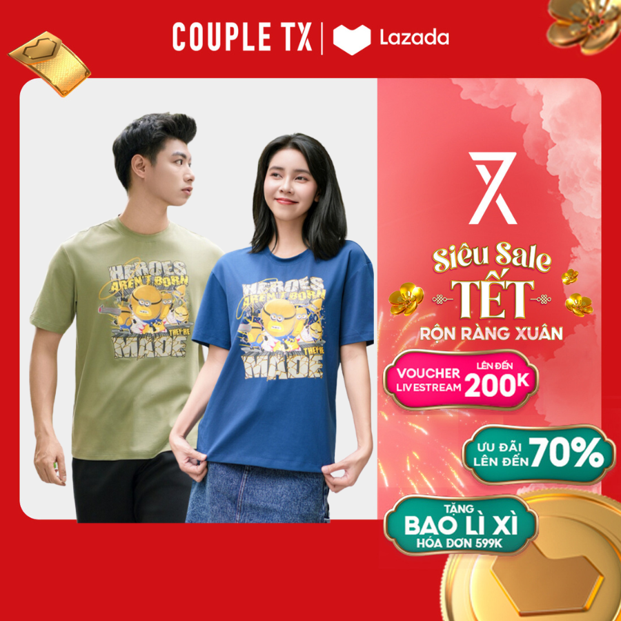 [15.1 - 17.1 Voucher lên đến 200K] Áo Thun Nam Nữ COUPLE TX - Áo Phông Form Rộng, Tay Ngắn, Cổ Tròn, Hình In Minion In Hero MTS 1378 / WTS 2378