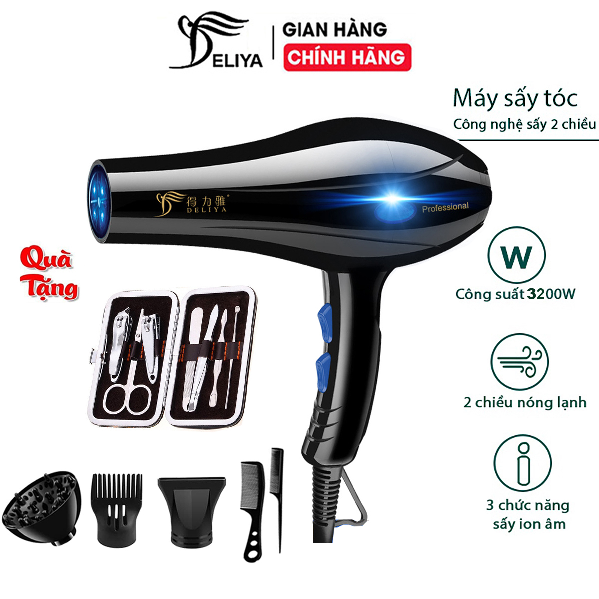 Máy sấy cầm tay Deliya 8090 công suất mạnh mẽ tới 2300W với 3 chế độ sấy tóc không lo tóc hư tổn + Tặng kèm 5 phụ kiện tạo kiểu