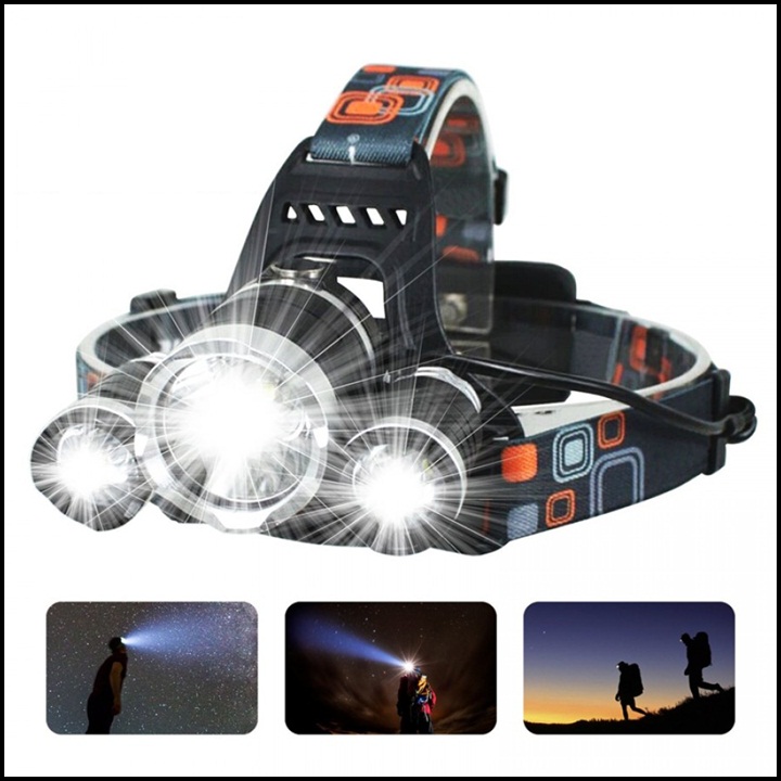 (Đèn tốt )Đèn pin đội đầu siêu sáng - Đèn Pin Led Siêu Sáng Đội Đầu 3 Bóng (Đen) Nhiều Chế độ ,tặng kèm pin và sạc