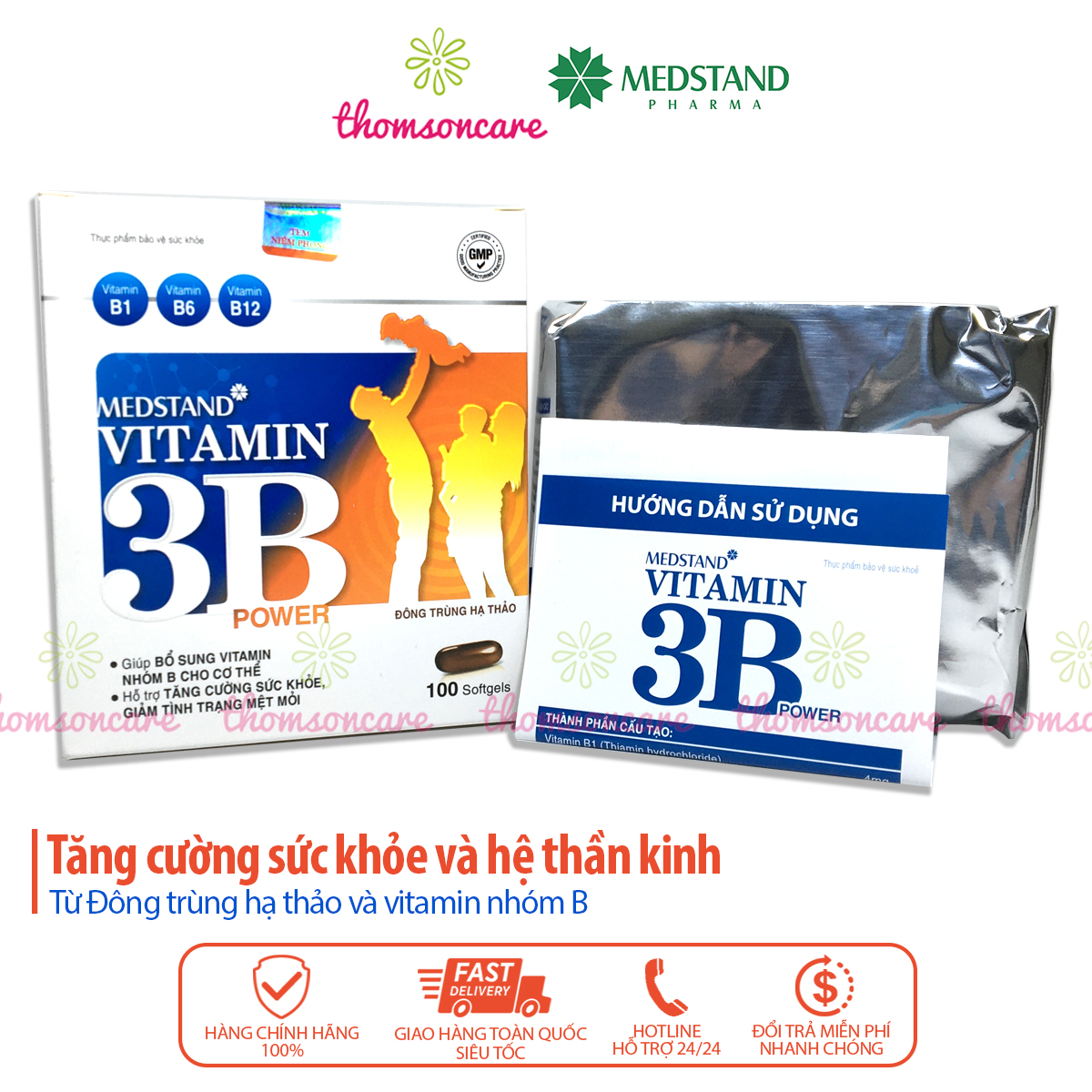 Bổ sung vitamin B1 B6 B12 và đông trùng hạ thảo - Vitamin 3B Medstand - Hộp 100 viên nang giảm mệt mỏi, tăng cường sức khỏe