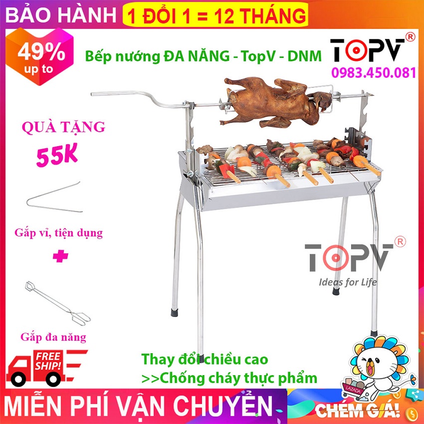 Bếp nướng than hoa đa năng TOPV: Nướng 2 trong 1, lò nướng than Inox bền sạch, lò quay vịt gia đình, bếp nướng than DNM