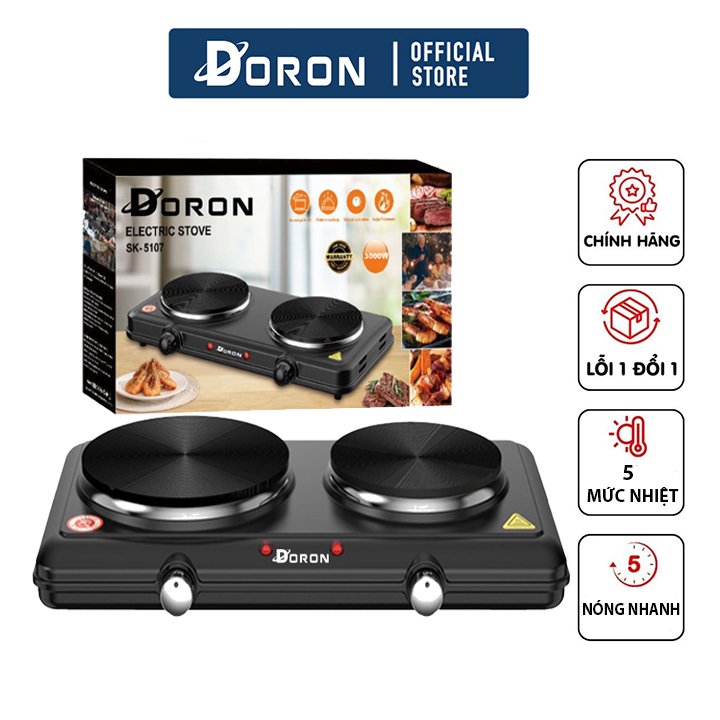 Bếp điện đôi bếp điện pha cafe DORON 3000W kiểu dáng hiện đại màu đen sang trọng