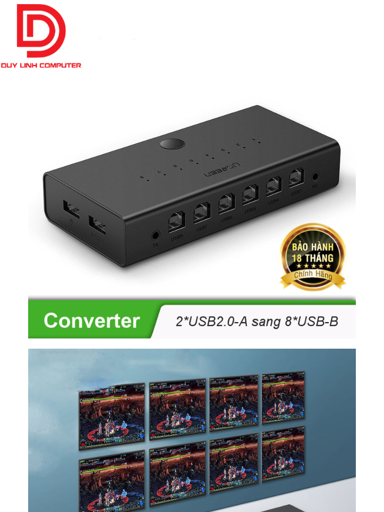 Bộ chuyển mạch kvm đồng bộ hóa 8 cổng usb-b, 1 bộ điều khiển chuột và bàn phím điều khiển 8 màn hình máy tính ugreen 60102