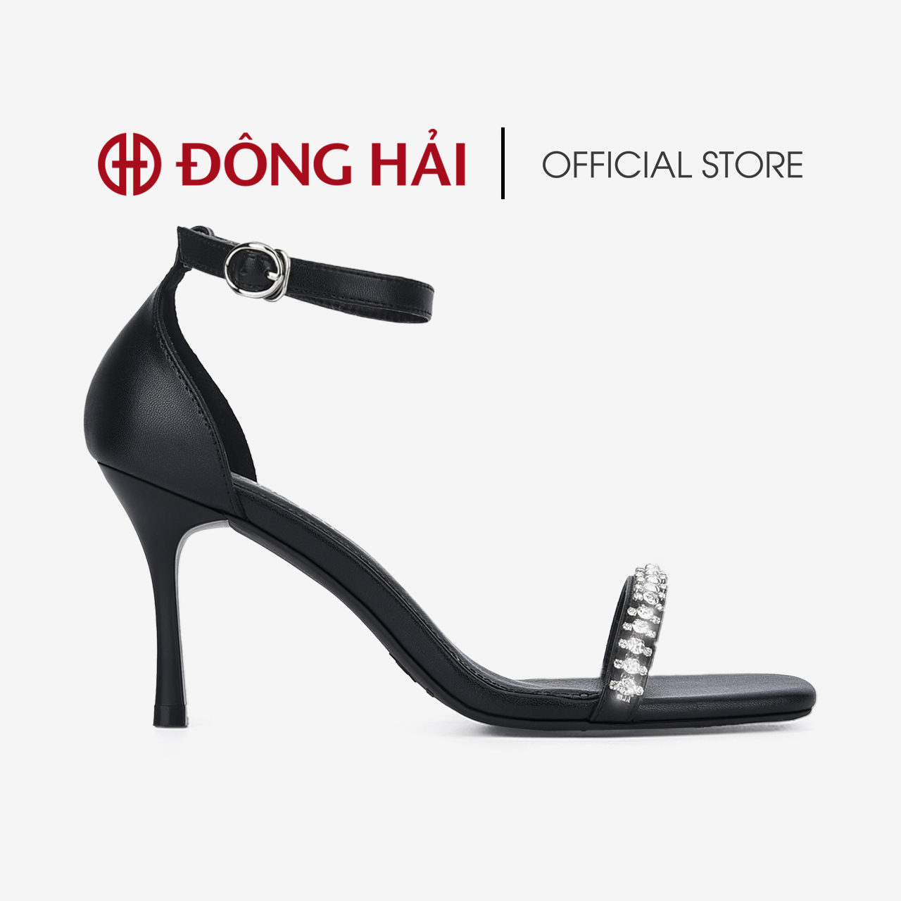 Giày Sandal Cao Gót Nữ Đông Hải Quai Ngang Phối Đá Mũi Vuông Gót Nhọn 8cm - S81Q3