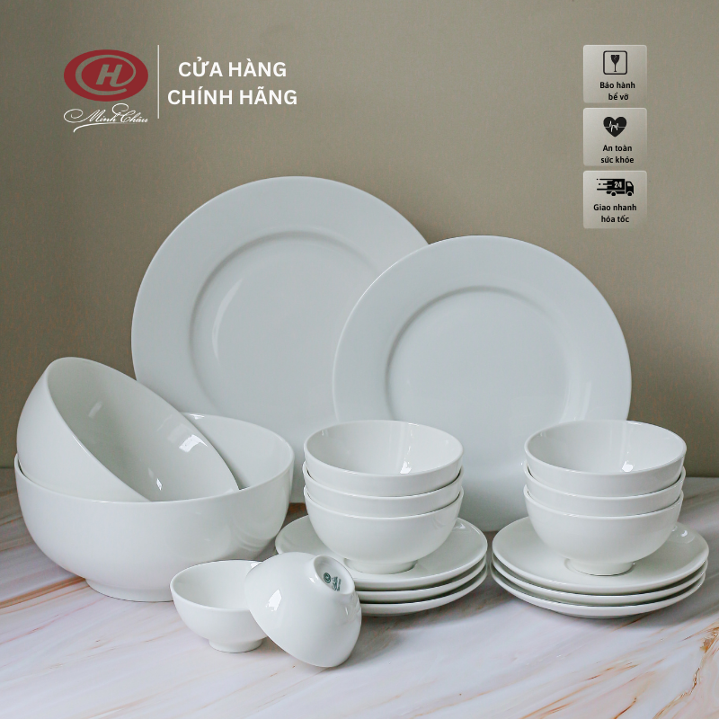 Bộ Bát Đĩa Sứ Trắng Trơn 18 món - Sứ Minh Châu
