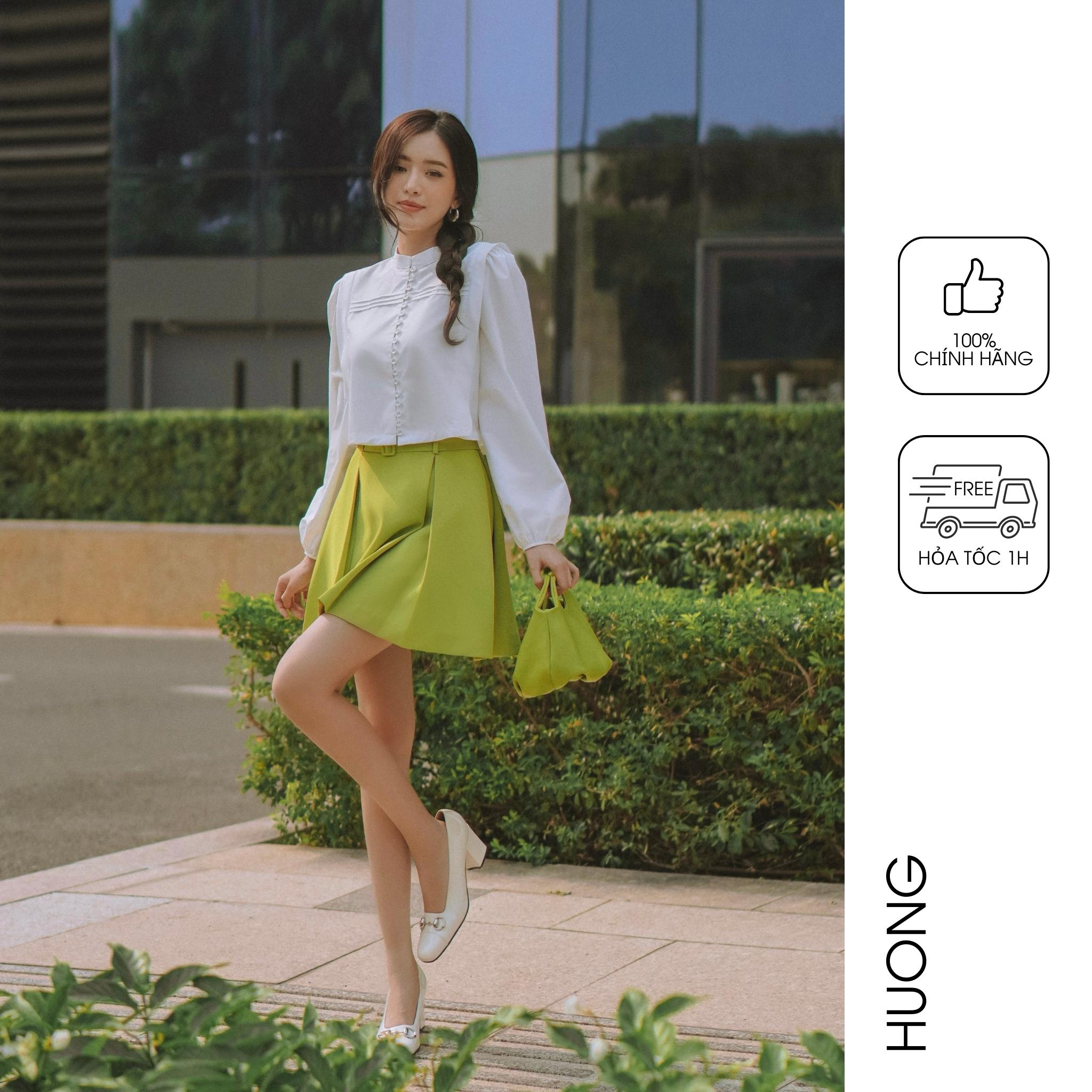 Chân váy xanh bơ xếp li kèm thắt lưng huong boutique hbz411