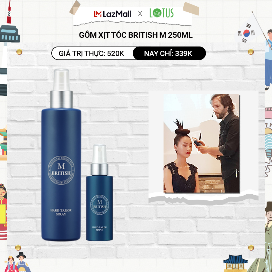 Gôm(keo) xịt tạo kiểu giữ nếp tóc cứng tự nhiên không gây tổn hại tóc dùng cho cả nam và nữ BRITISH M Hard Tailor Spray 250ml
