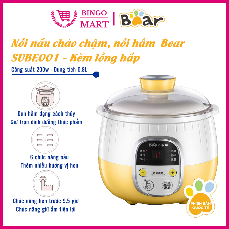Nồi nấu chậm kèm lồng hấp BEAR dung tích 0.8L B08C1(SUBE001), bản nội địa-quốc tế, nồi hầm chậm, nồi hấp đa năng -BH 12 tháng