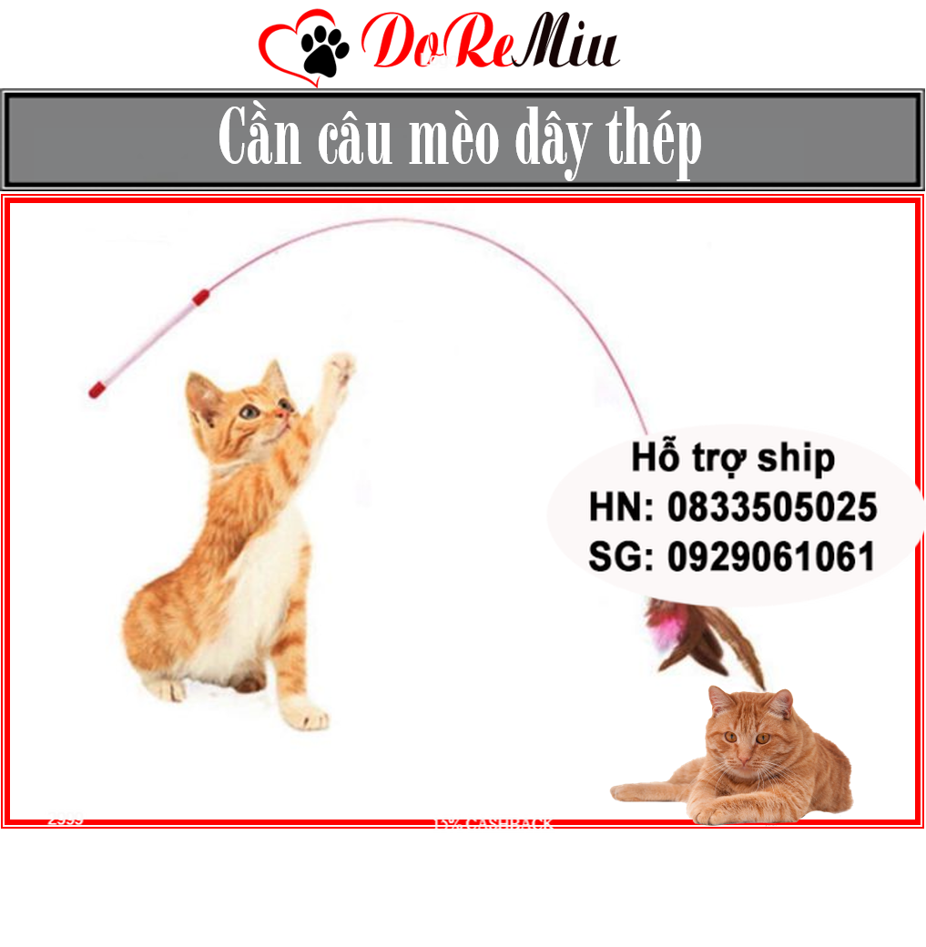Doremiu - Cần câu mèo lông vũ bằng dây thép dẻo - đồ chơi cho mèo có chuông