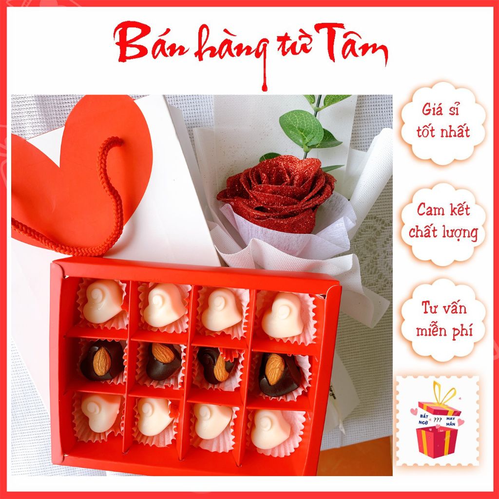 Hộp Socola Valentine 2023, Chocolate hạnh nhân, Hộp 12 viên quà tặng ngày lễ Tình Yêu, quà 8/3