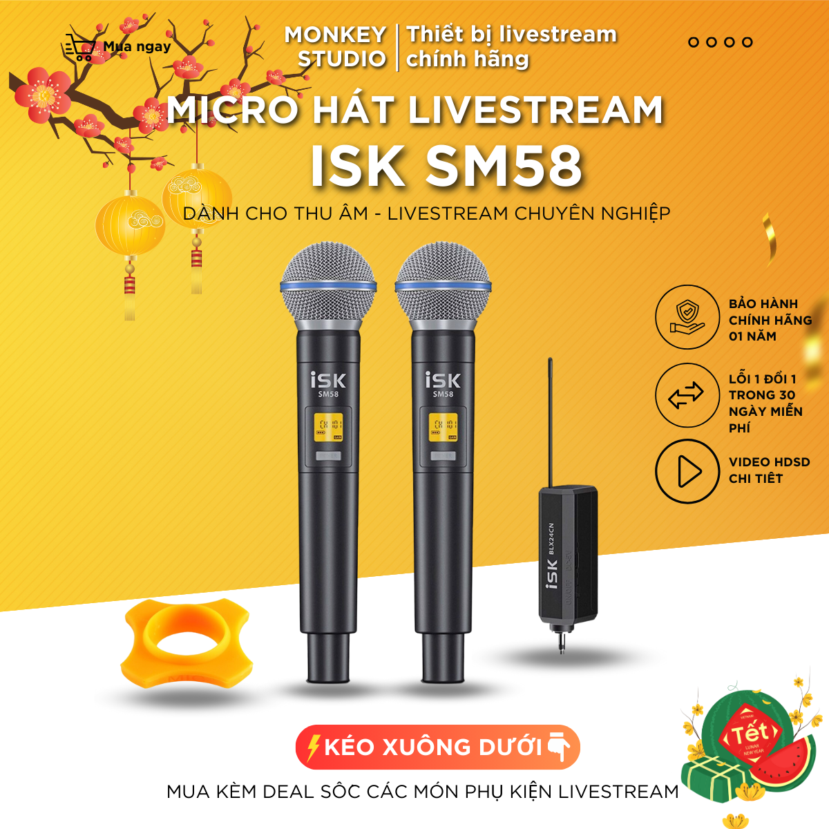 Micro Thu Âm Mic Livestream ISK SM58 Loại Cầm Tay - Mic Không Dây BLX24CN/SM58 Dùng Cho Sound Card, Âm li, Vang Số