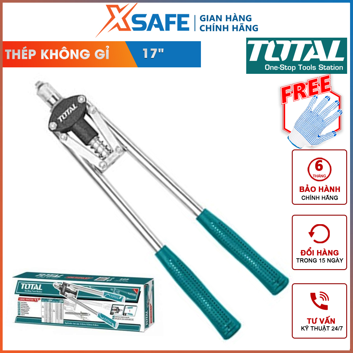 Kềm rút rivet 17in Total THT32176 | Kìm rút riveter cộng lực Size: 17 inch Chất liệu tay cầm : Thép + nhôm, dùng để rút rivet thép không gỉ, nhôm và thép